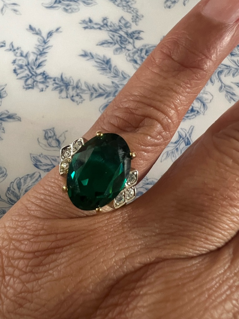 Gold Tone Emerald Cut Statement Ring CZ Accents 18K HGE Size 4.75 #4754
